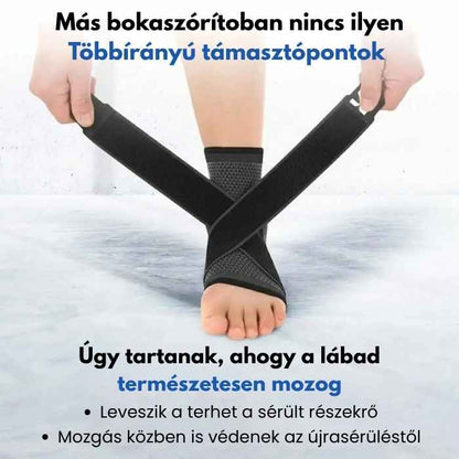 MOZGO kompressziós lábtámasz felvétele, a lábfej előtt keresztezett két állítható pánt bemutatásával.