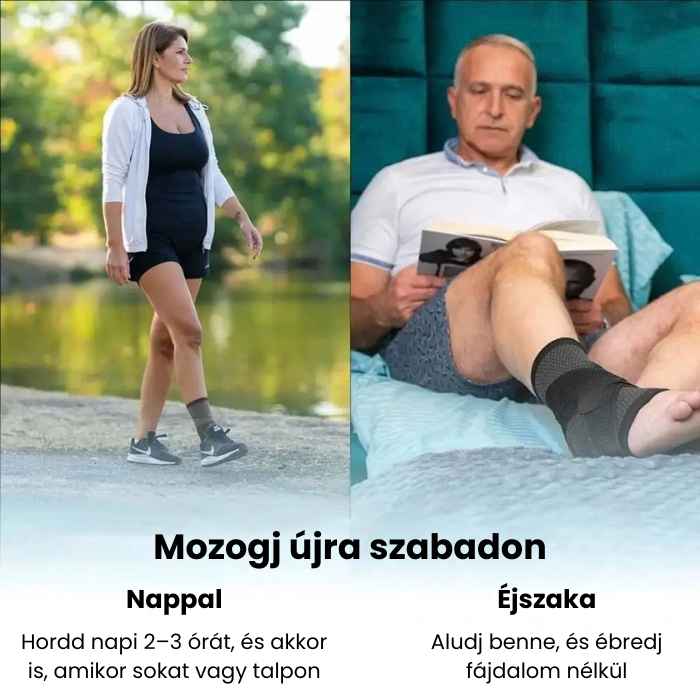 MOZGO kompressziós lábtámasz használata séta és ágyban olvasás közben, nappali és éjszakai viselést bemutató képen.