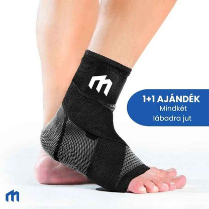 Fekete MOZGO kompressziós lábtámasz lábon, keresztezett pántokkal. A képen az 1+1 ajándék ajánlat: mindkét lábadra jut.